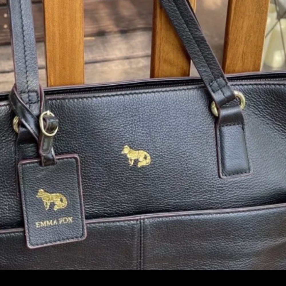 Emma Fox Park Avenue Black Leather Tote Laptop Work Bag Overnight Handbag - Picture 6 of 6